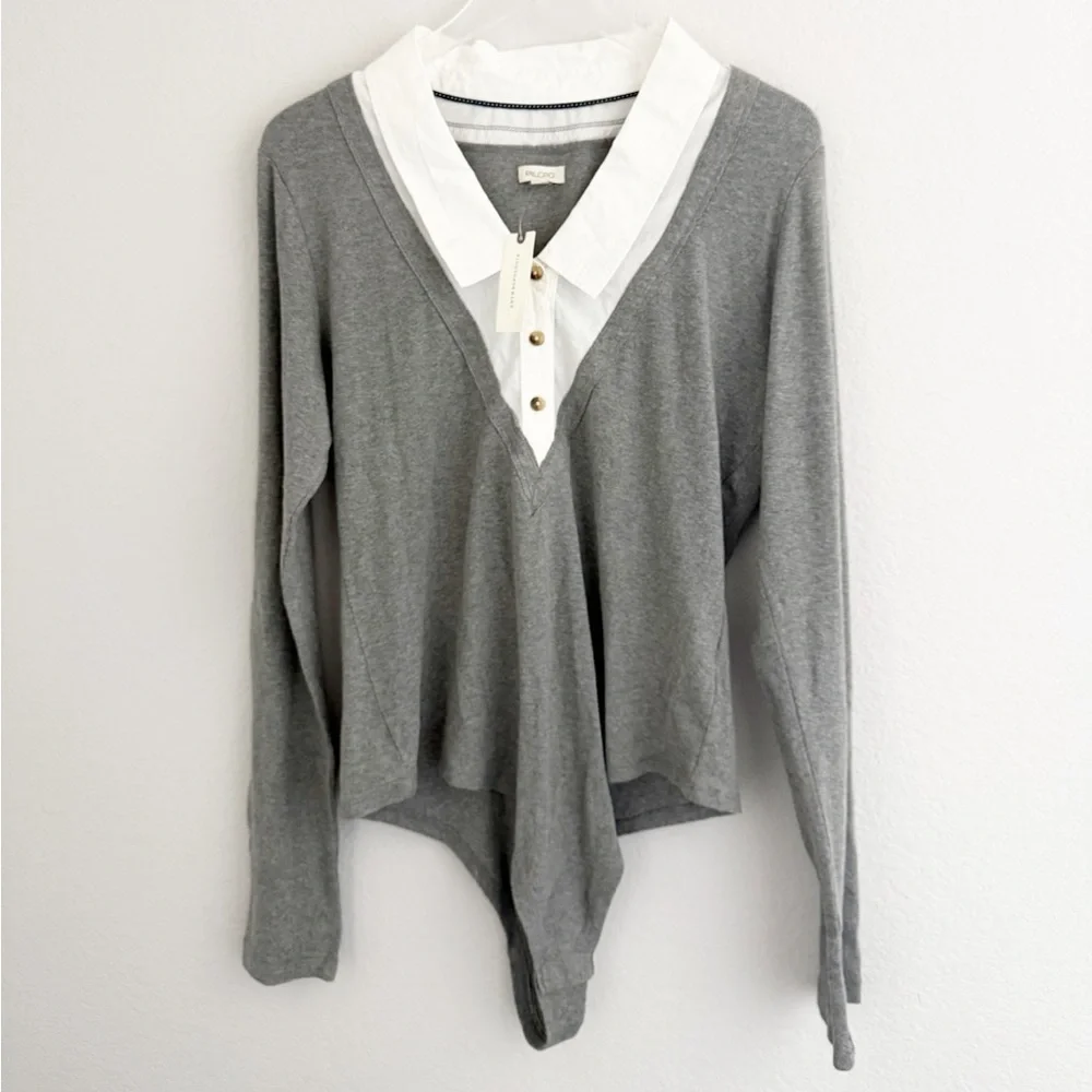 Anthropologie Pilcro Gray Collared Bodysuit - Picture 2 of 6